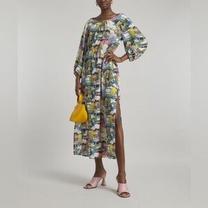 GANT Liberty Printed Boat-Neck 100% Silk Maxi-Dress Slit Colorful Size 8? READ